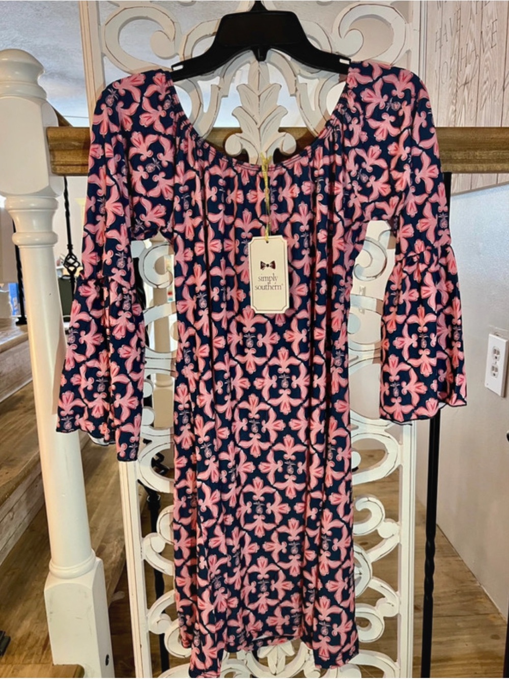 Simply Southern Navy and Pink Floral Off-Shoulder Dress for Girls
